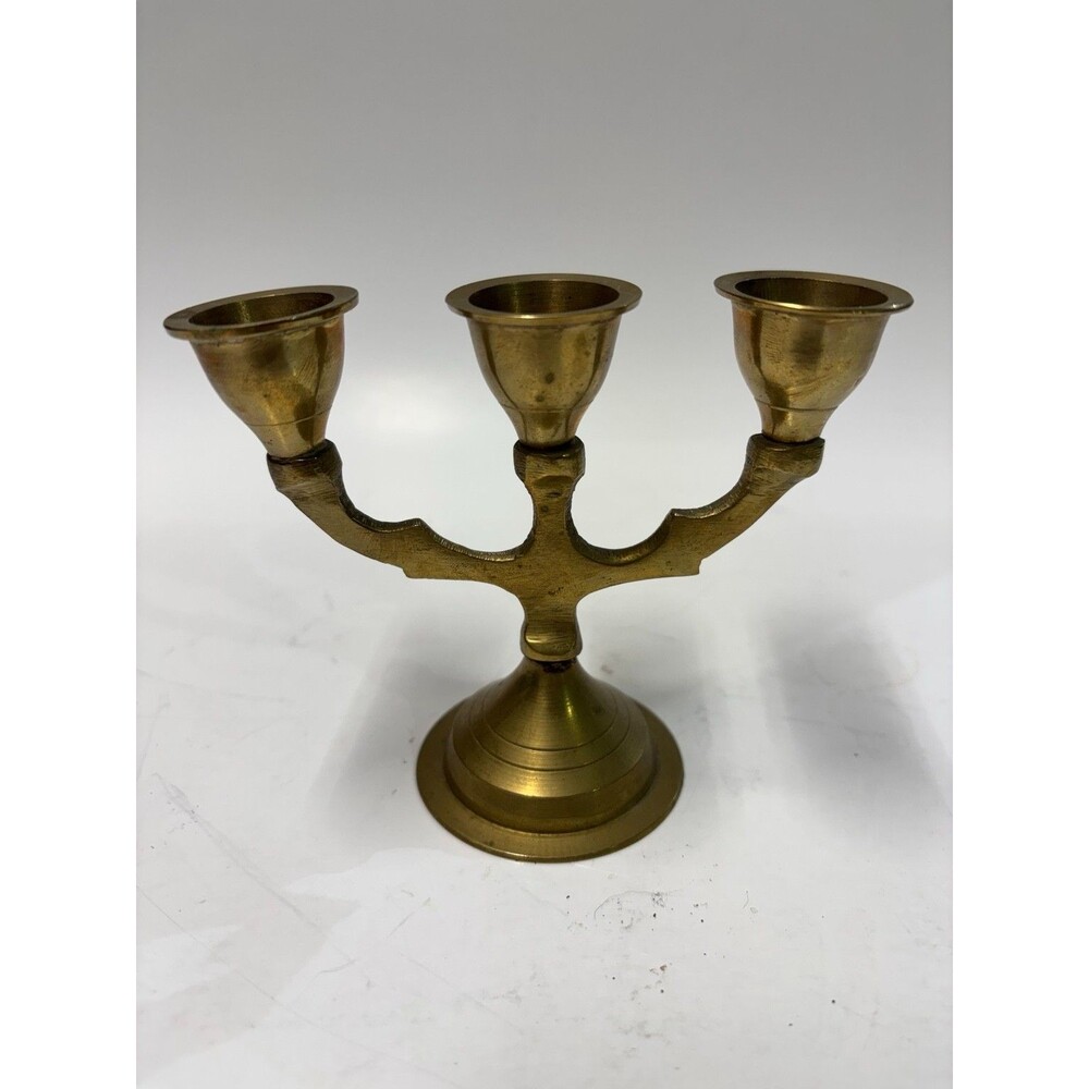 Vintage Solid Brass 3 Arm Candelabra Candlestick Holder 4.5" Mini Gold Tone